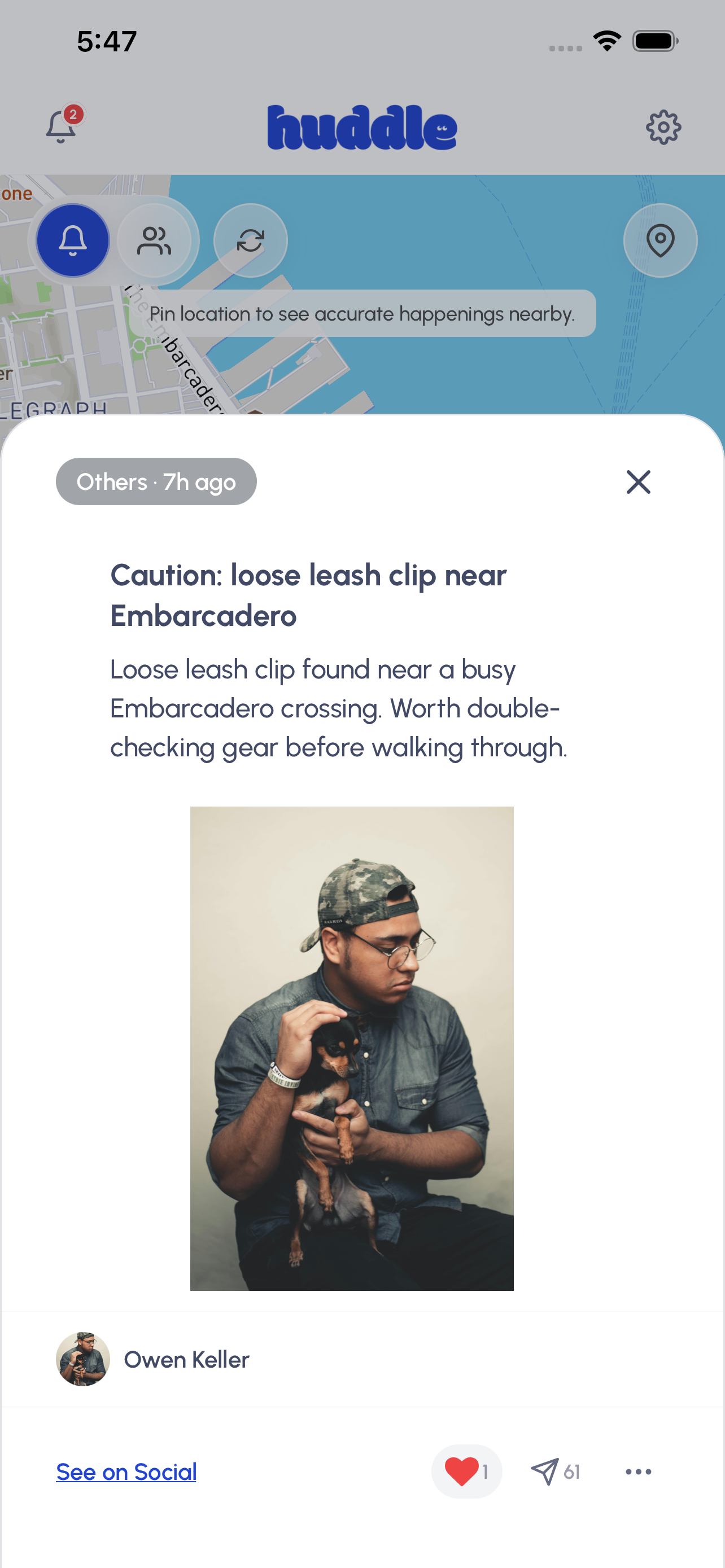 huddle pin detail — Caution: loose leash clip